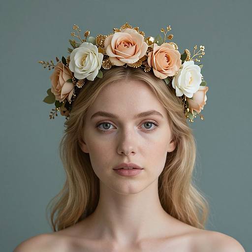 Photograph of a fair-skinned woman with blue eyes, wearing a floral crown of peach and white roses with gold accents, against a plain blue background