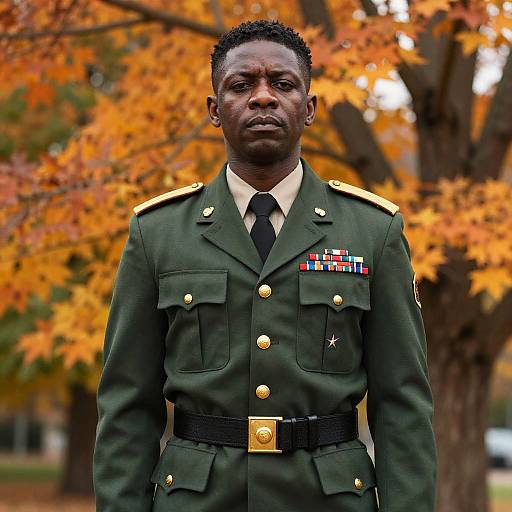 Photograph of a serious African-American male soldier in a dark green military uniform with medals, standing in front of autumn-colored trees.