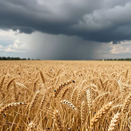 Photograph of a golden wheat field under a dark, stormy sky, with dramatic clouds and a bright patch of sunlight.