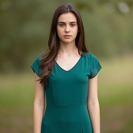 Photograph of a young woman with long dark brown hair, wearing a teal V-neck dress, standing in a blurred green outdoor background.
