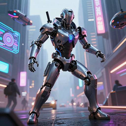 CGI sci-fi scene of a silver, humanoid robot standing in a neon-lit, futuristic city street with flying drones and blurred pedestrians.