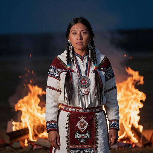 Photograph of a Native American woman with long black hair, wearing traditional white and red patterned attire, standing in front of a bright campfire at