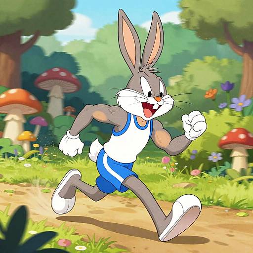Cartoon gray rabbit in blue and white athletic wear, running joyfully through a colorful, whimsical forest with large red mushrooms and vibrant flowers.