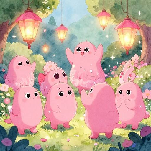 Whimsical digital illustration of six adorable pink, round, blob-like creatures with big eyes, standing in a sunlit garden with hanging lanterns and