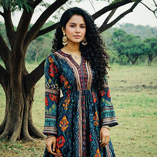 Woman in Indo-Western Multicolored Dress Outdoors