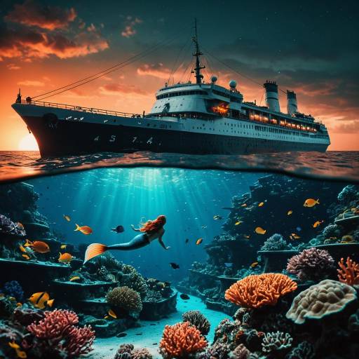 Mermaid Swimming Near Coral Reef by Cruise Ship at Sunset