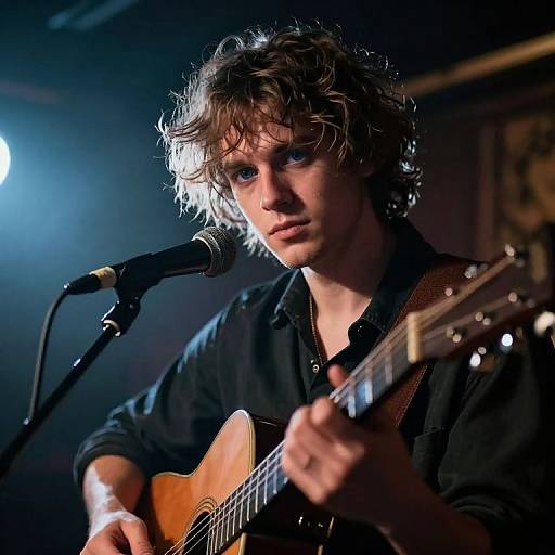 Photograph of a curly-haired, blue-eyed male musician with fair skin, wearing a black shirt, playing an acoustic guitar on stage with a microphone in