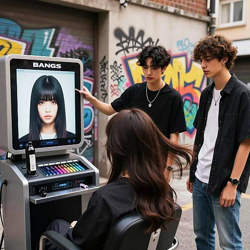 Photograph of three young people in urban alley with graffiti; one with black hair sitting at a booth, displaying a portrait of an East Asian woman with