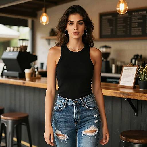 Photograph of a young woman with long brown hair, wearing a black sleeveless top and distressed blue jeans, standing in a modern, dimly-l