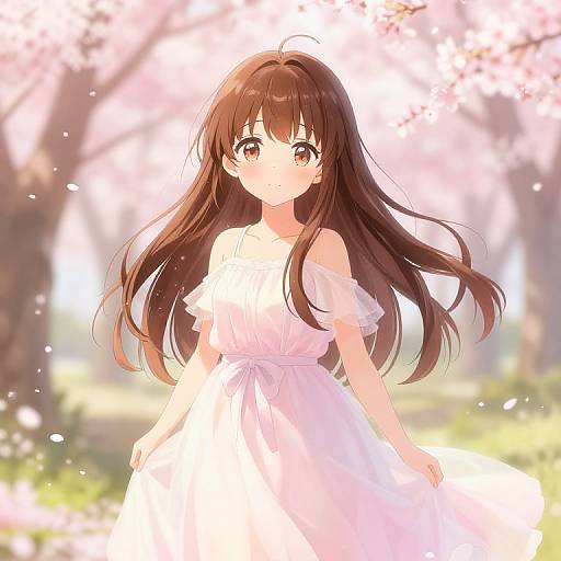 Anime-style digital drawing of a young girl with long brown hair, wearing a white off-shoulder dress, standing in a sunlit, pink cherry