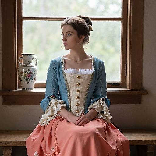Photograph of a young woman with fair skin and brown hair in an 18th-century blue cardigan, white ruffled blouse, and coral skirt