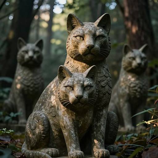 Photograph of four stone cat statues with intricate patterns, sitting in a forest; front cat slightly larger, three blurred in background.