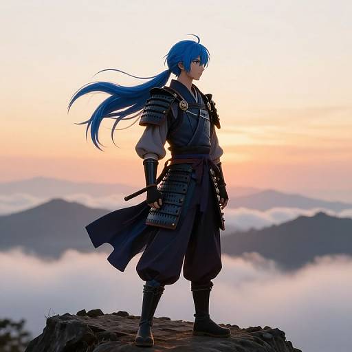 Epic Blue-Haired Samurai at Sunset