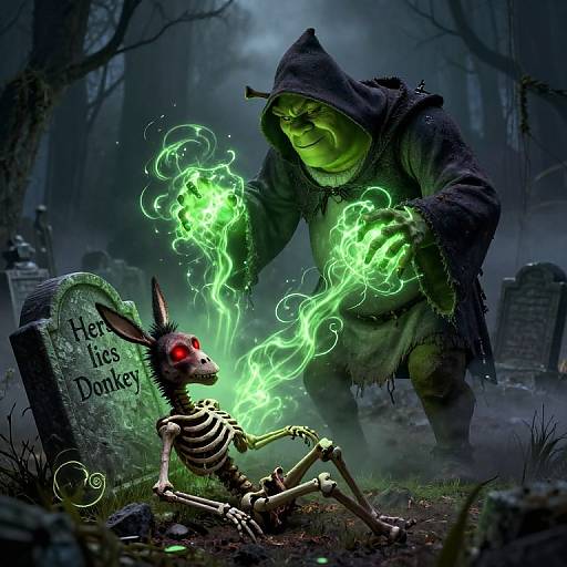 Digital illustration of a green-skinned, hooded witch casting glowing green magic on a skeleton with red eyes in a dark, foggy graveyard. Grave
