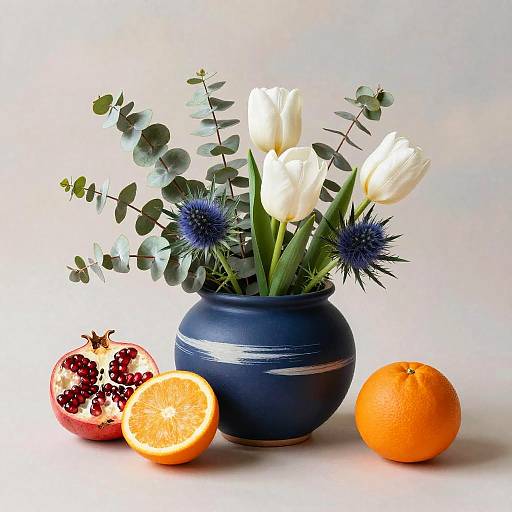 Matte Blue Bowl with Eucalyptus and Fruit