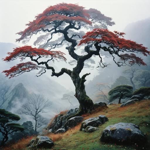 Old Japanese Maple Tree in Foggy Mountain Valley