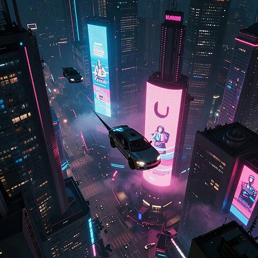 Aerial digital art of a neon-lit, futuristic city with flying black car, large billboards, and skyscrapers, featuring vibrant blue,