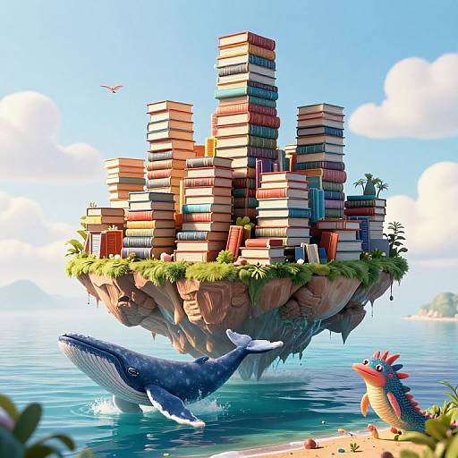 Digital artwork: A floating island of stacked colorful books, surrounded by water, with a blue whale and a pink, spiky fish below. Bright blue