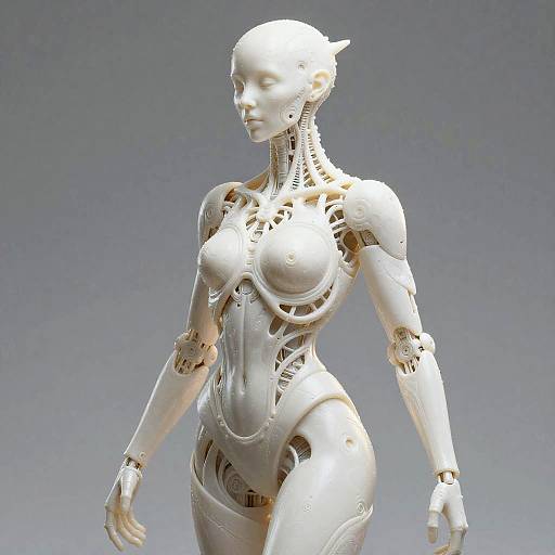 Photorealistic CGI of a white, female humanoid robot with intricate mechanical details, smooth metallic surfaces, and exposed joints, standing against a gradient gray background