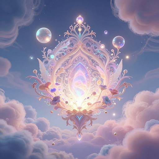 Fantastical digital artwork of a glowing, ornate celestial throne with swirling patterns, surrounded by floating bubbles, set against a vibrant, cloudy blue sky