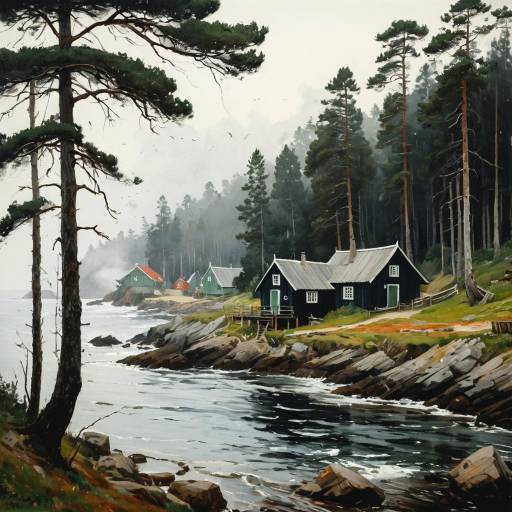 Coastal Village and Fisherman's Huts in Misty Scandinavian Forest