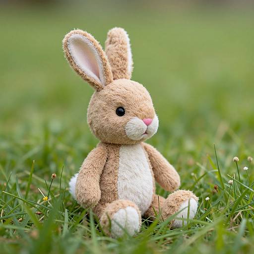 Photograph of a fluffy, light brown and white stuffed bunny with black eyes and pink nose, sitting on green grass.