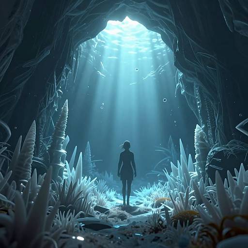 Digital art of a silhouetted figure standing in a glowing, icy cave with radiant blue light and crystalline plants.