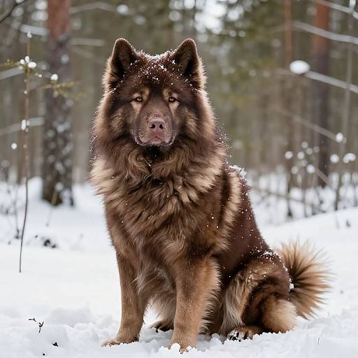 Photograph of a thick-coated, brown and black German Shepherd sitting in a snowy forest, with snowflakes on its fur, looking directly at