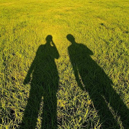 Photograph of two shadowy figures standing in a sunlit, yellow-green grassy field, casting long, distinct shadows with one hand raised.