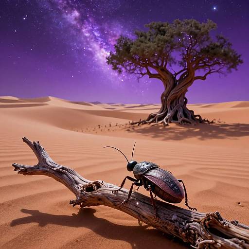 Photograph of a nocturnal desert scene with a purple starry sky, a lone tree, and a black beetle on a fallen branch in orange sand