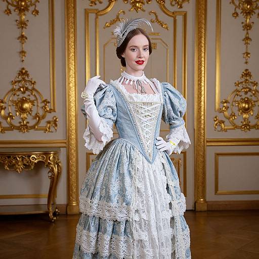 Photograph of a fair-skinned woman in a blue, lace, 18th-century Rococo dress, white gloves, and feathered hat,