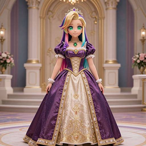 Digital anime-style princess with green eyes, long multicolored hair, wearing a purple and gold ball gown, tiara, and jewelry, standing in