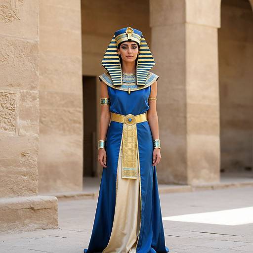Photograph of a woman in an Egyptian-style blue and gold dress, striped headdress, and gold belt, standing in a stone courtyard.