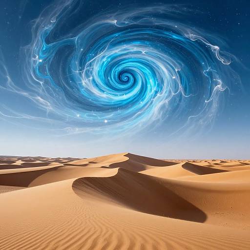 Photograph of a desert with rippled sand dunes under a vivid, swirling blue and white tornado-like sky phenomenon.