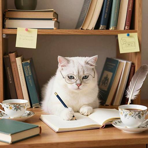 Angora Cat Studying in Cozy Library