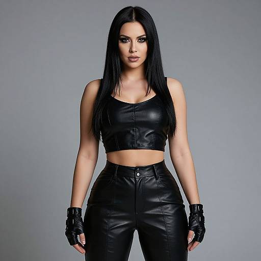 Photograph of a confident woman with long black hair, wearing a black leather crop top and high-waisted leather pants, black fingerless gloves,