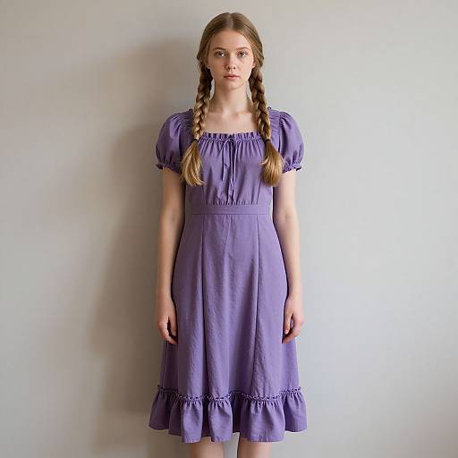 Photograph of a young Caucasian girl with light brown hair in two braids, wearing a purple, puffed-sleeve, knee-length dress,
