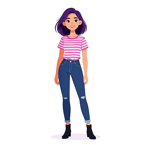 Digital illustration of a smiling young woman with purple hair, wearing a pink striped shirt, blue ripped jeans, and black ankle boots.