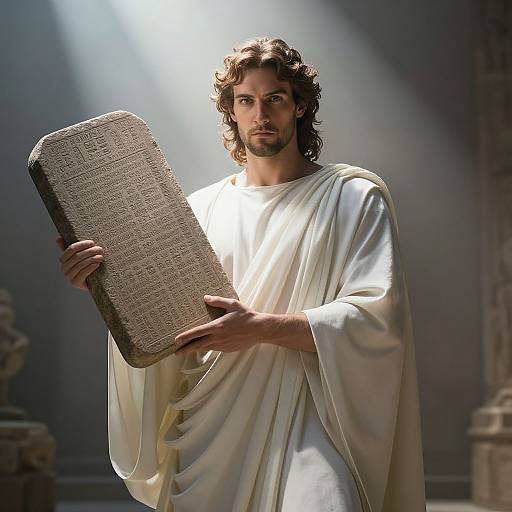 Photograph of a young man with curly brown hair and beard, wearing a white toga, holding a textured stone tablet, illuminated by dramatic light in
