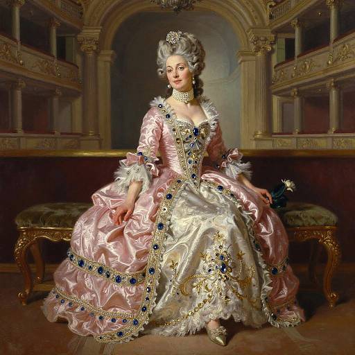 Baroque-style painting of a regal woman in an elaborate pink and gold satin gown with blue embroidery, pearls, and a tiara, seated in