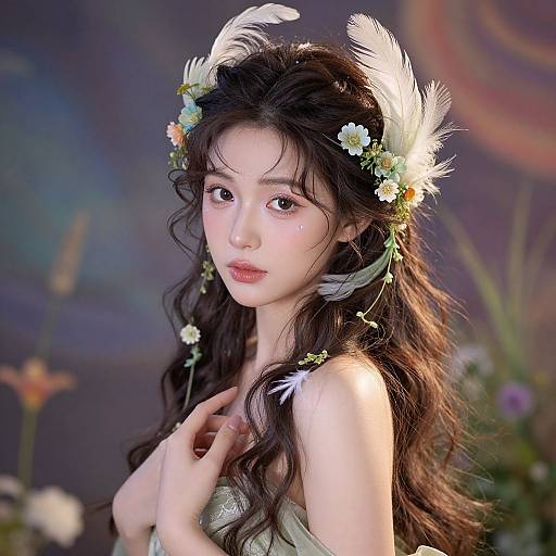 Digital portrait of a fair-skinned, young Asian woman with long, wavy black hair, adorned with white feathers and flowers, set against a blurred