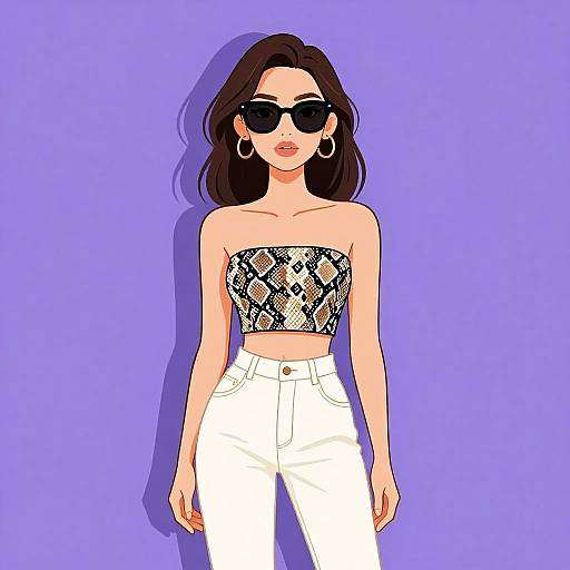 Digital illustration of a woman with dark hair, black sunglasses, hoop earrings, snake-print tube top, and white high-waisted pants against a purple