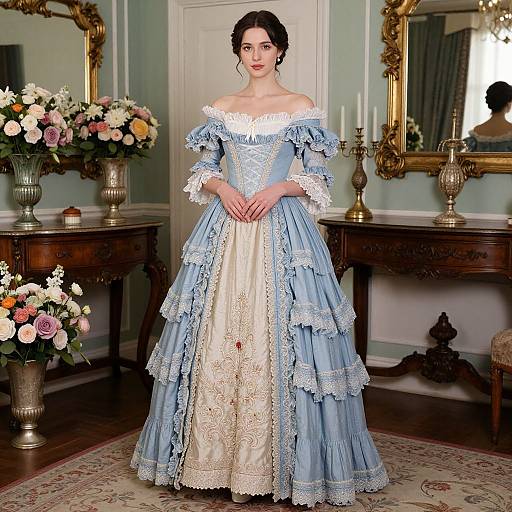 Photograph of a pale-skinned woman in an ornate, off-shoulder blue and white Victorian gown, standing in a luxurious, flower-ad