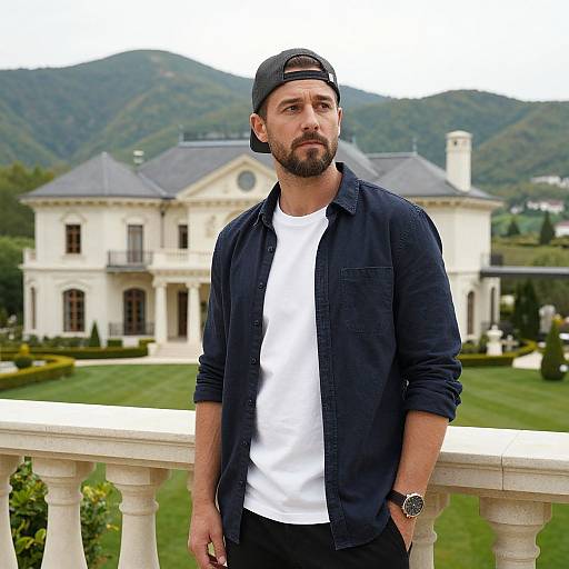 Photograph of a bearded man in a navy shirt, white tee, and black cap, standing on a balcony in front of a luxurious white mansion