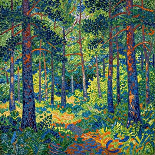 Vibrant, colorful forest painting with tall trees, bright green foliage, and a sunlit path, using bold, expressive brush strokes.