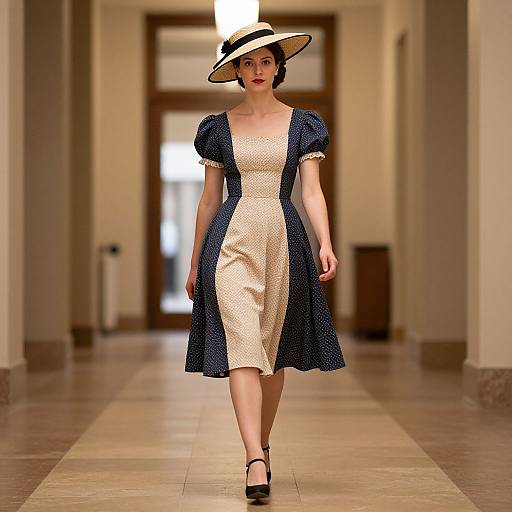Photograph of a fair-skinned woman with short brown hair, wearing a navy and cream polka dot dress, navy polka dot shawl,