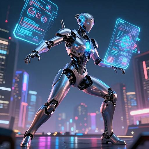 Photorealistic CGI of a futuristic, silver robotic humanoid with glowing blue holographic interfaces, standing in a neon-lit, cyberpunk cityscape.