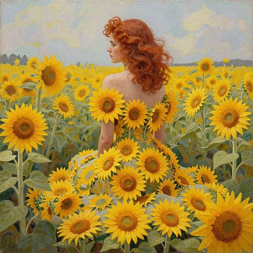 Photorealistic painting of a red-haired woman with curly hair, bare back, sitting amidst a vibrant sunflower field under a blue sky.