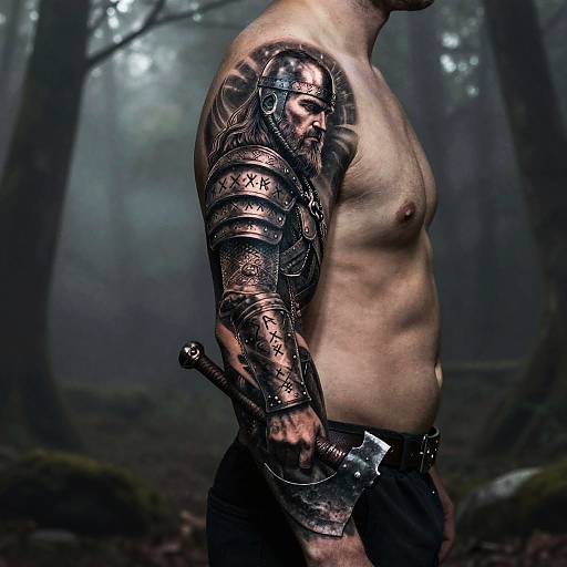 Photograph of a shirtless man with intricate, medieval-style metal arm armor, holding a sword in a misty, dark forest.