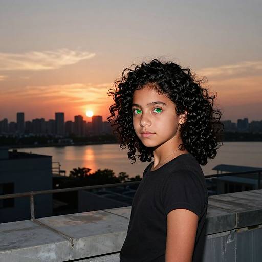 Photograph of a young girl with curly black hair, green eyes, and olive skin, wearing a black t-shirt, standing on a rooftop at sunset